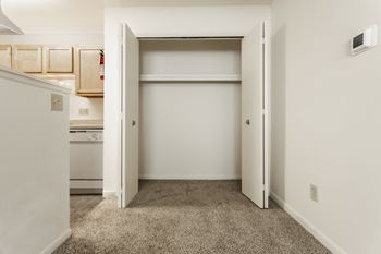 A bedroom with an open closet and a kitchen